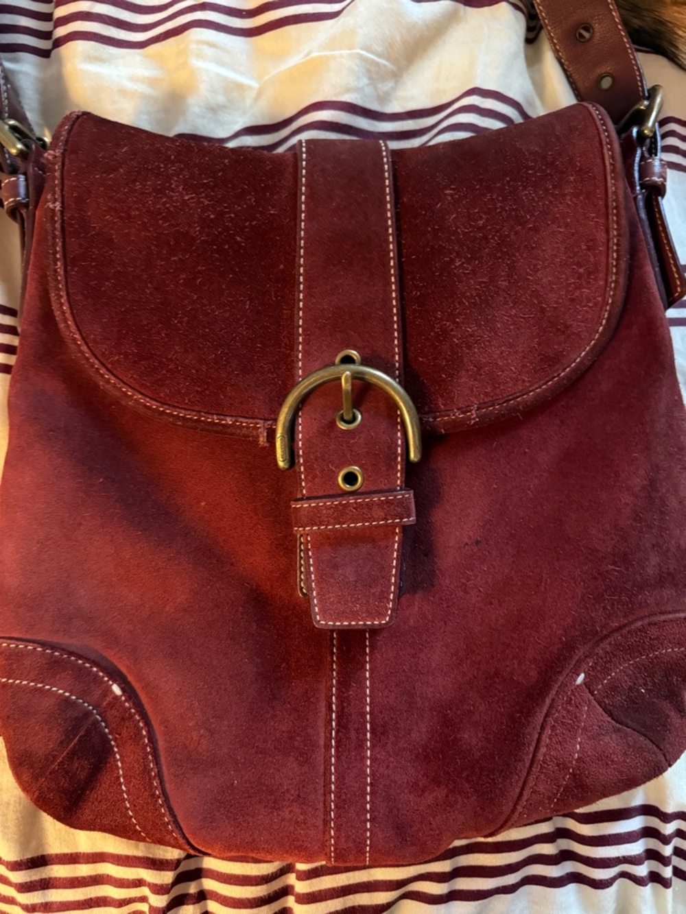 Vintage 2000s Coach Burgundy Suede Shoulder Bag with Antiqued Brass Buckle